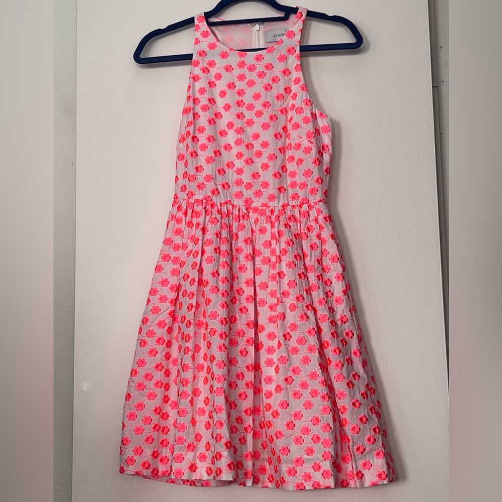 J.Crew | White & Neon Pink Floral Flowers Embroidered Racerback Dress Sz. 00